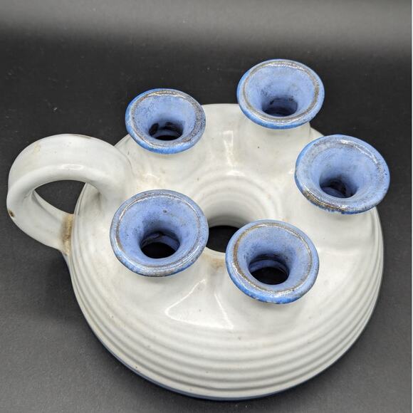 Vintage Hand Thrown Pottery Oil Lamp Signed Steve Fishley 94 White Blue 5 Necks - Picture 3 of 12